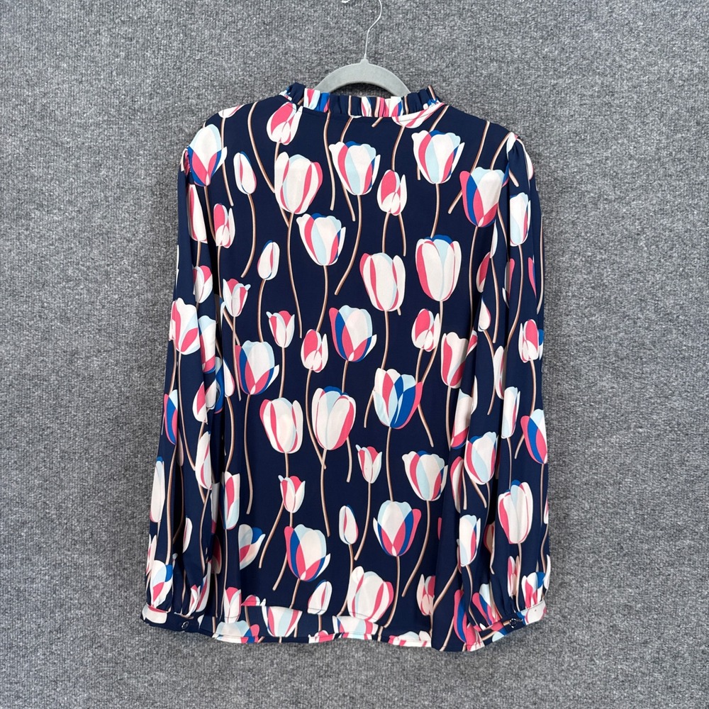 Talbots Blouse Womens 1X Petite Blue Tulip Print Ruffle Neck Floral Plus Size - Picture 7 of 8